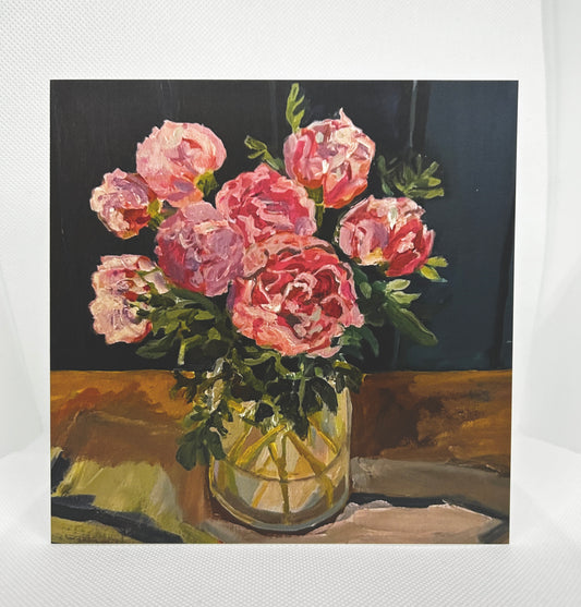 Pink Peonies blank greeting card from an original painting called garden peonies by Worcester Artist Margaret Powell. Supplied with white recycled paper envelope. Printed in Worcester.