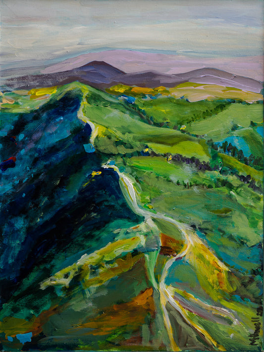 Original acrylic Painting of a Worcestershire landscape with green hills - Malvern hills rhapsody by Margaret Powell