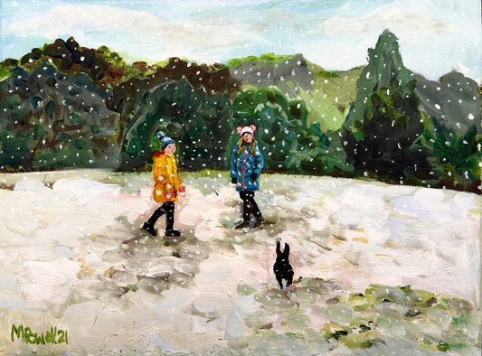 Winter Snow at Lido Park, Droitwich Spa, a limited edition fine art print of original painting by Margaret Powell Worcester Artist. Two children and a dog playing in the snow in Worcestershire.