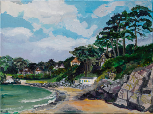 Painting of Caswell Bay in the Gower, Wales with white clouds in a blue sky and rocks and sea in foreground with trees and houses on the headland.By Worcester Artist