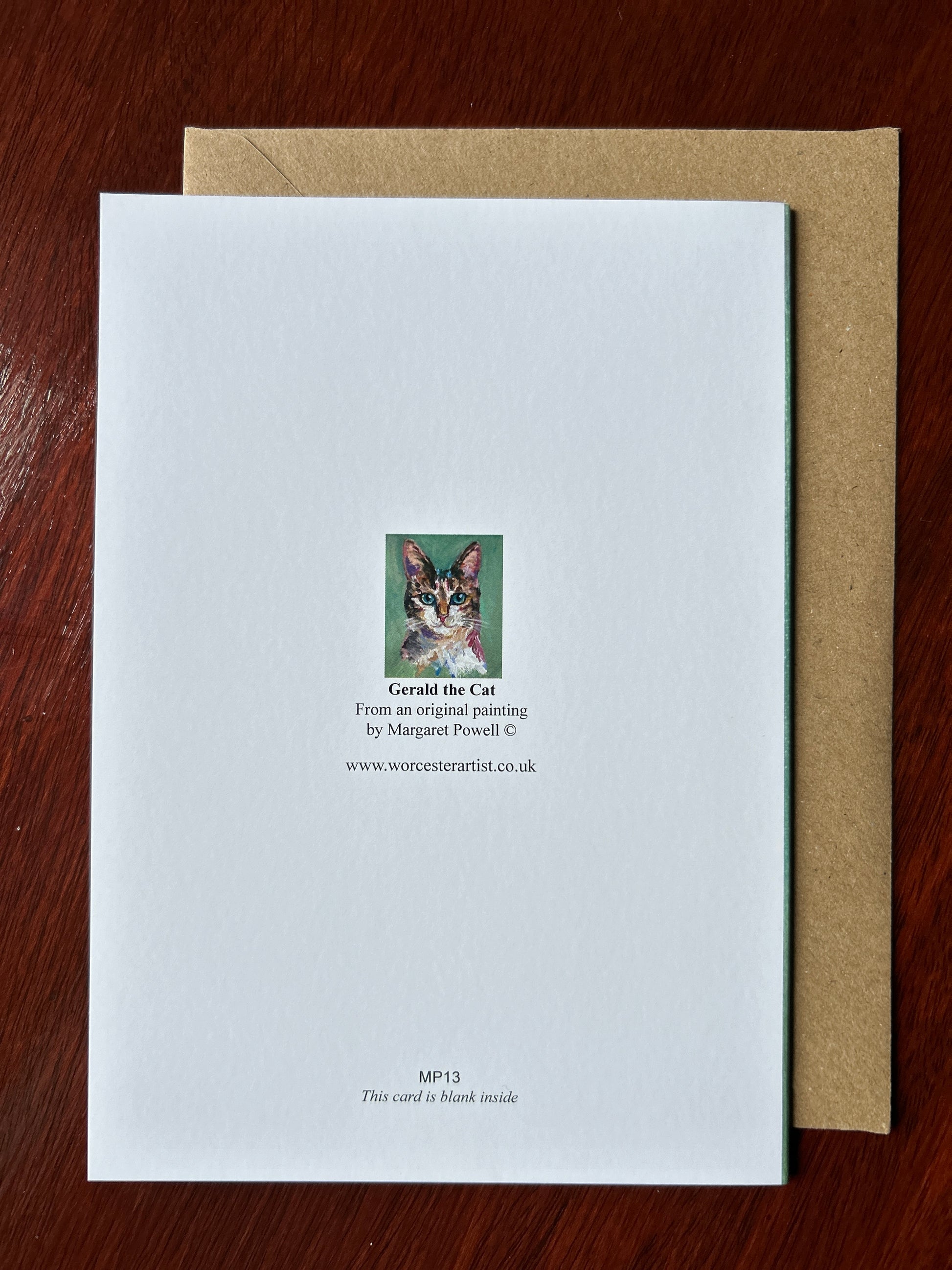 Reverse of Gerald the Ginger Cat - Greetings Card based on an original painting by Margaret Powell. With brown envelope.