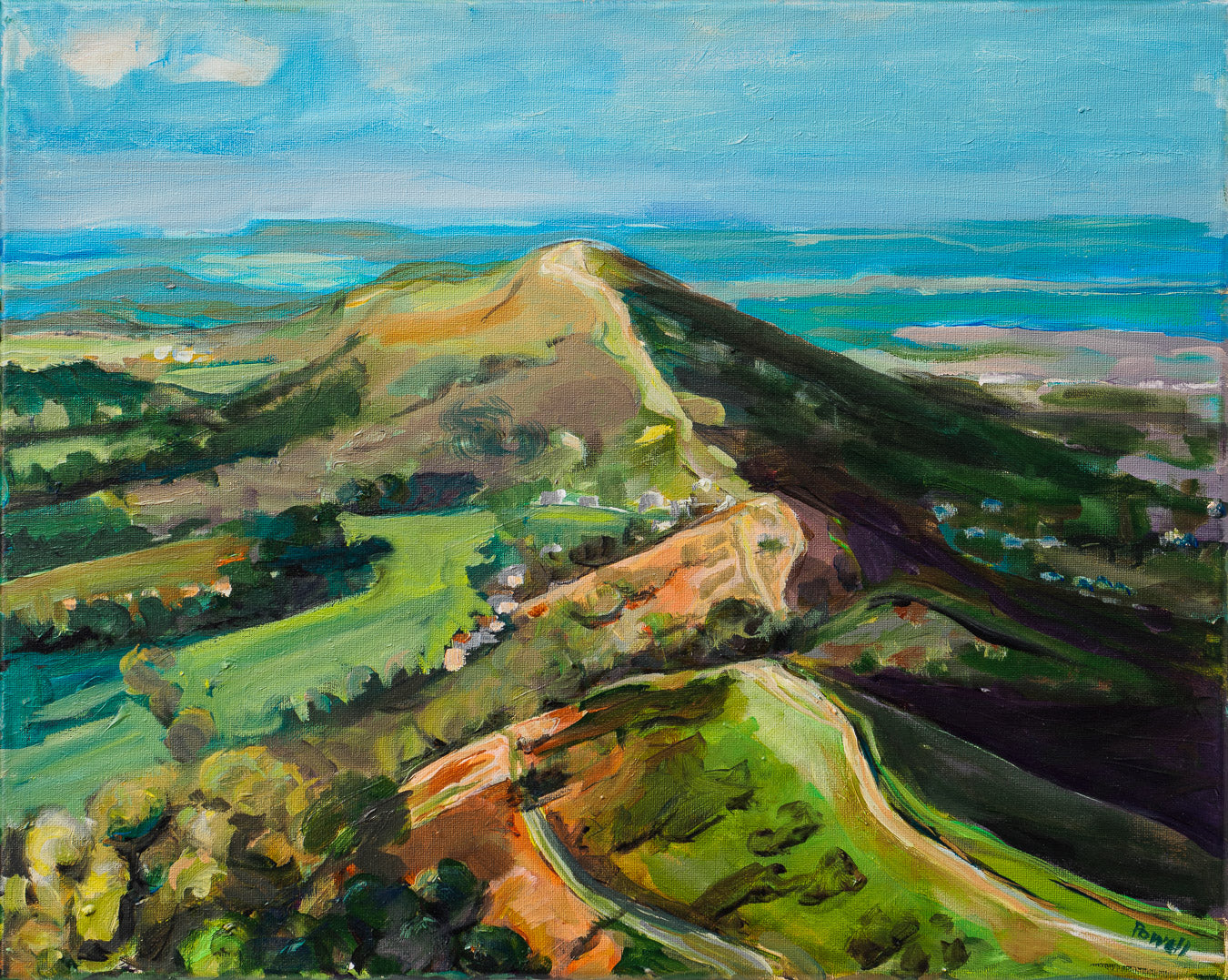 Painting of a Worcestershire landscape with a prominent hill and blue sky. Malvern hills by artist Margaret Powell 