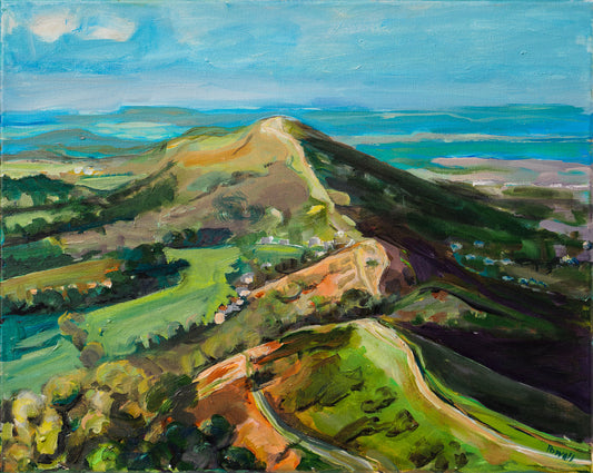 Painting of a Worcestershire landscape with a prominent hill and blue sky. Malvern hills by artist Margaret Powell 