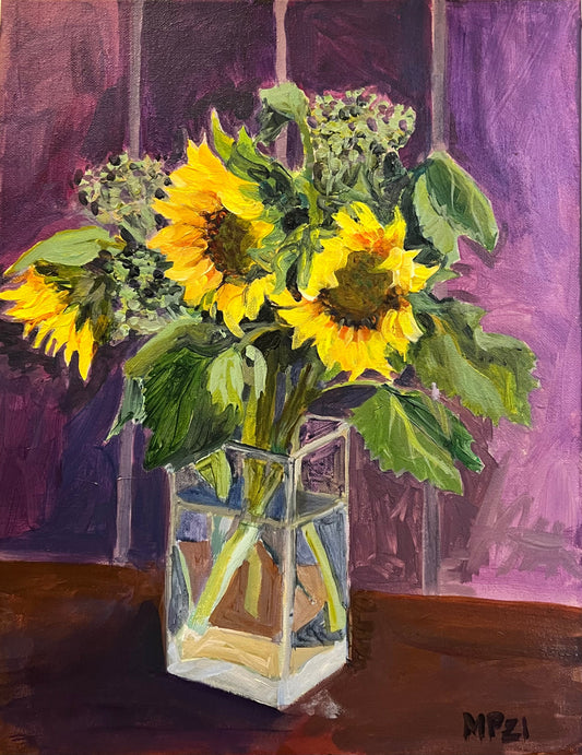 Original painting by Margaret Powell Worcestershire artist of Farm Sunflowers and Sedum in a Clear Vase