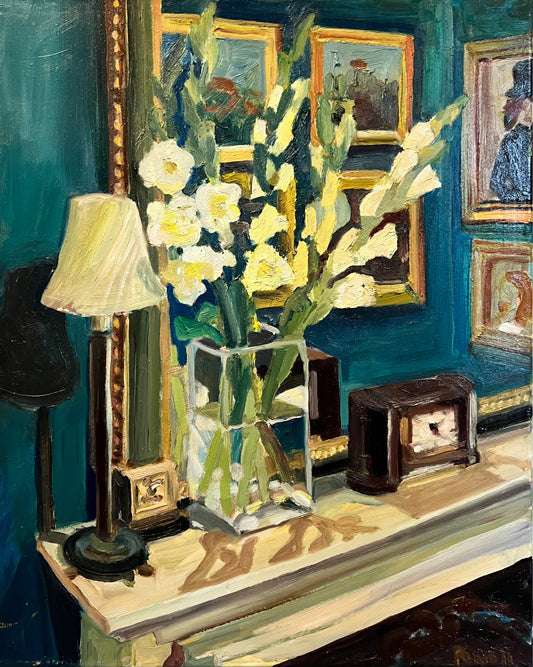 Gladioli in the Dining Room original painting by Margaret Powell Worcestershire artist.