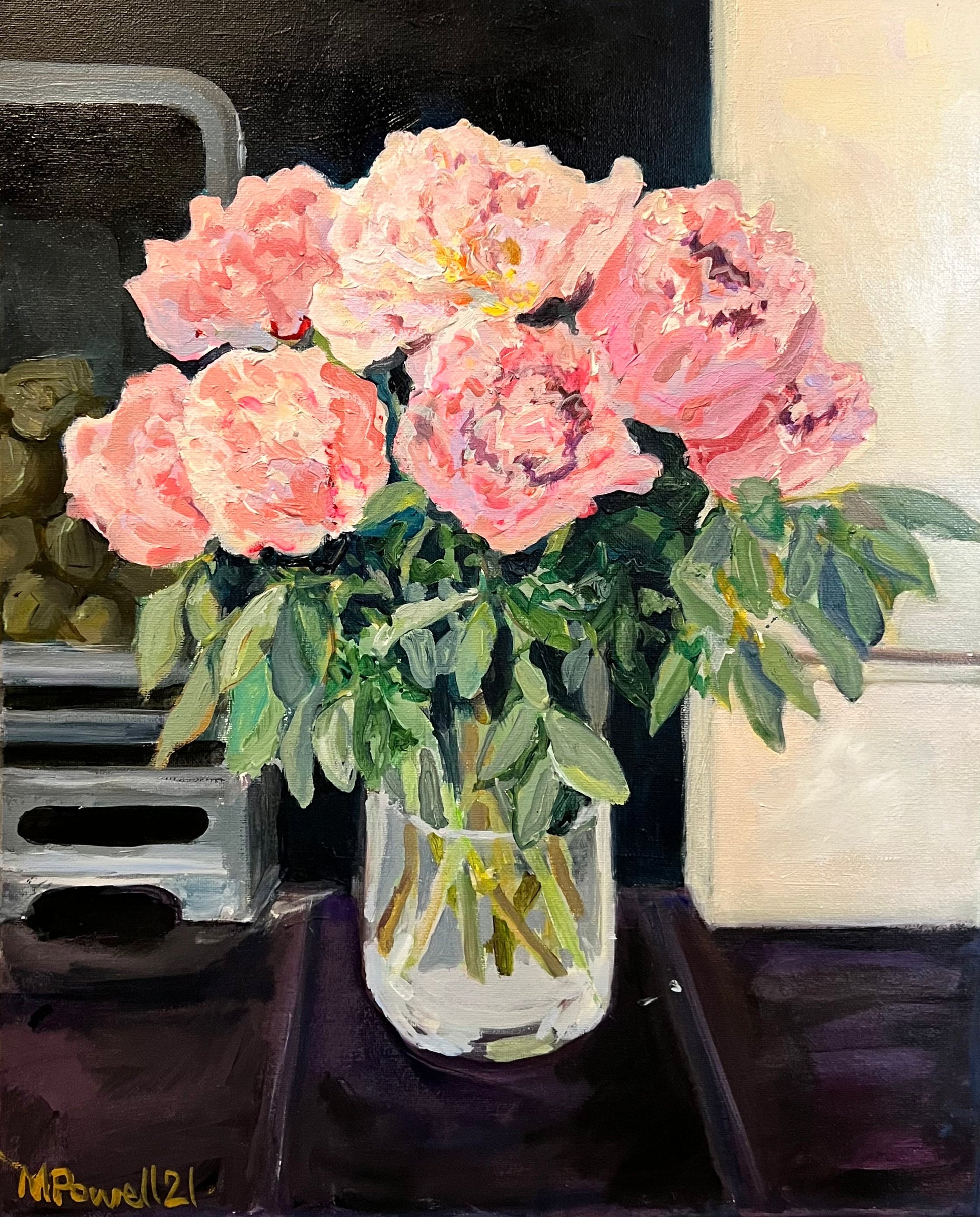 Original painting of Peonies on the Hearth by Margaret Powell, Worcester artist.
