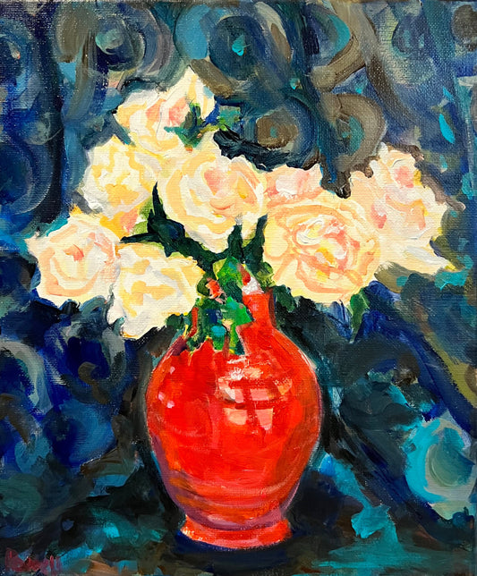 Fine art painting of Blush Roses in a Red Vintage Vase. 