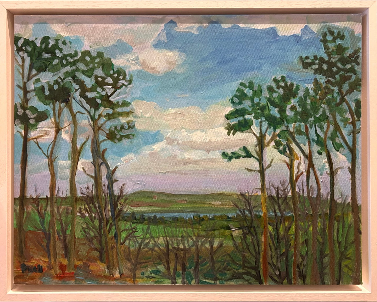 AUK Midlands landscape original painting by Margaret Powell depicting Lickey Hills near Birmingham in the background and trees in the foreground