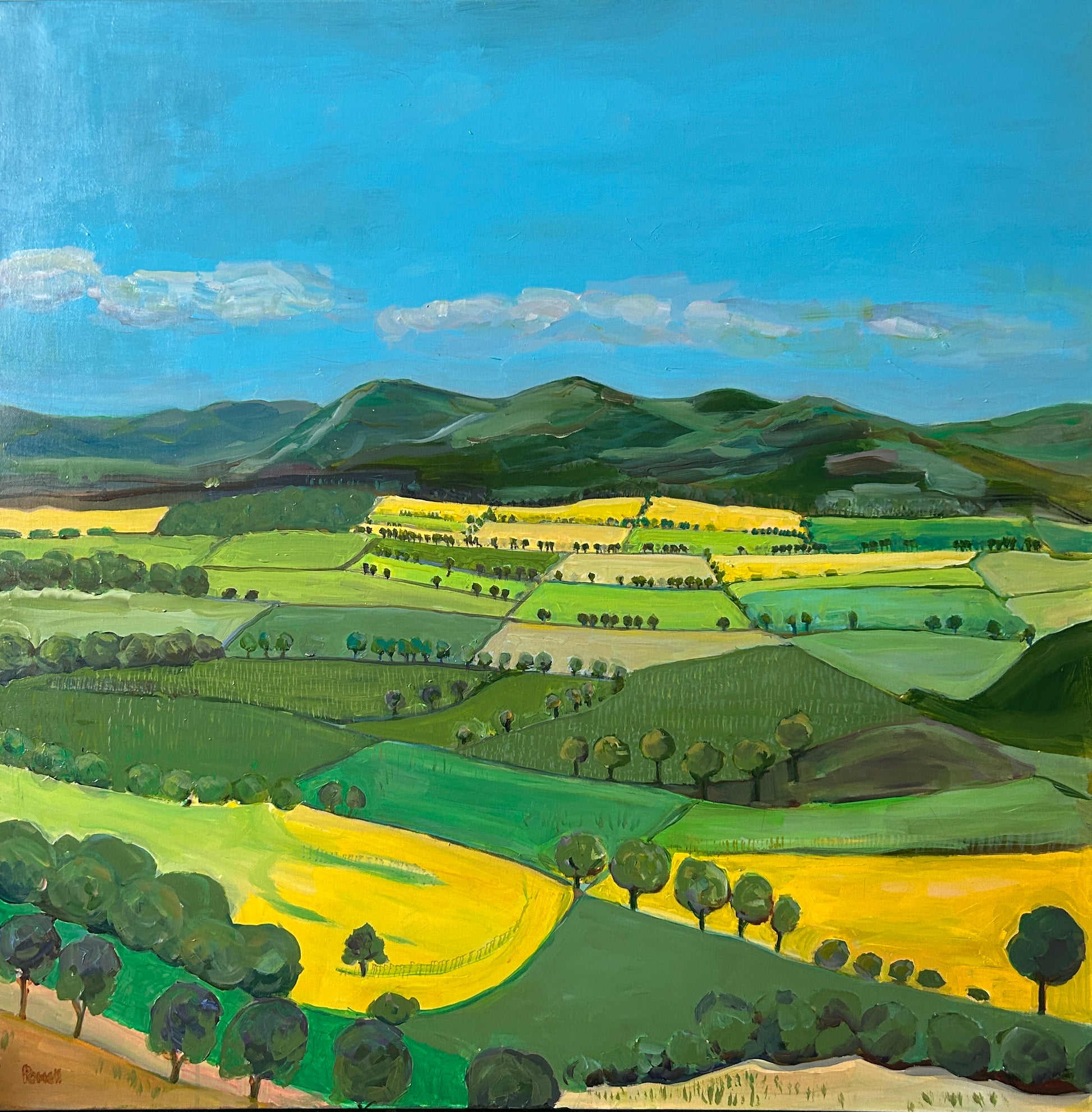 Landscape painting of rolling hills and fields with trees under a blue sky.