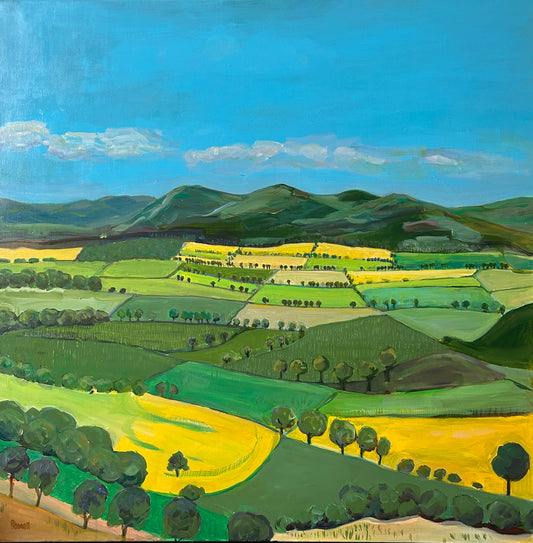 Landscape painting of rolling hills and fields with trees under a blue sky.