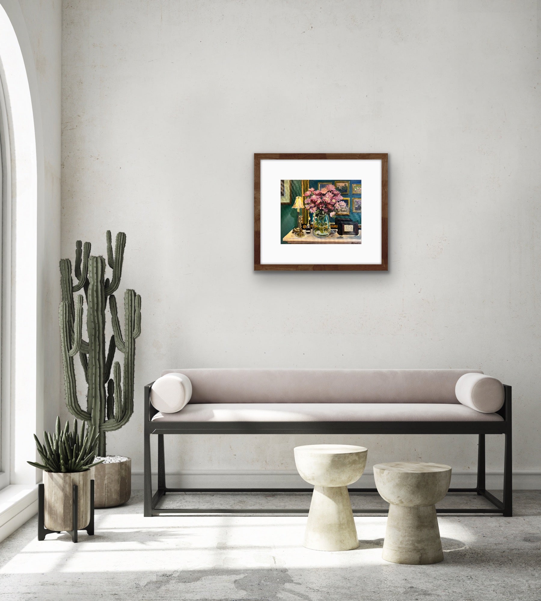 Print of Original painting by Worcestershire artist Margaret Powell of Asters in the Dining Room.  Displayed on a white wall with a white sofa and stools in front and two cacti beside.