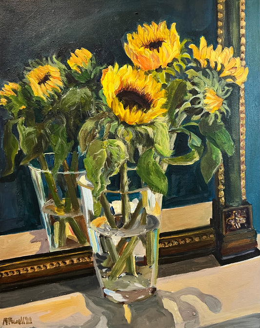 Fine art painting of a vase of sunflowers displayed in front of a vintage mirror. By Worcester artist Margaret Powell. 
