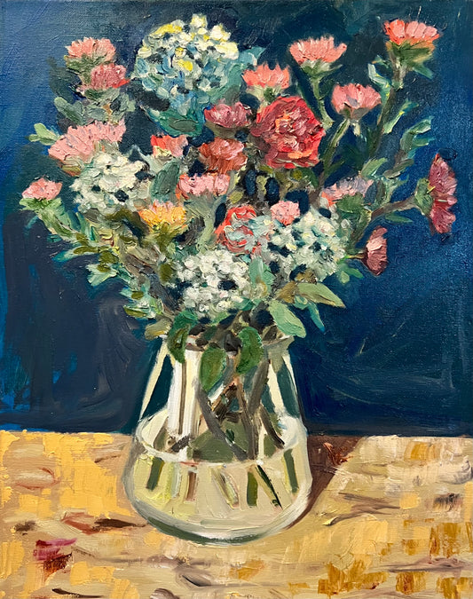 Print of a fine art painting of asters and sedum in a vase by Worcester artist Margaret Powell.