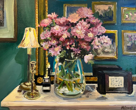 Original painting by Worcestershire artist Margaret Powell of Asters in the Dining Room. 