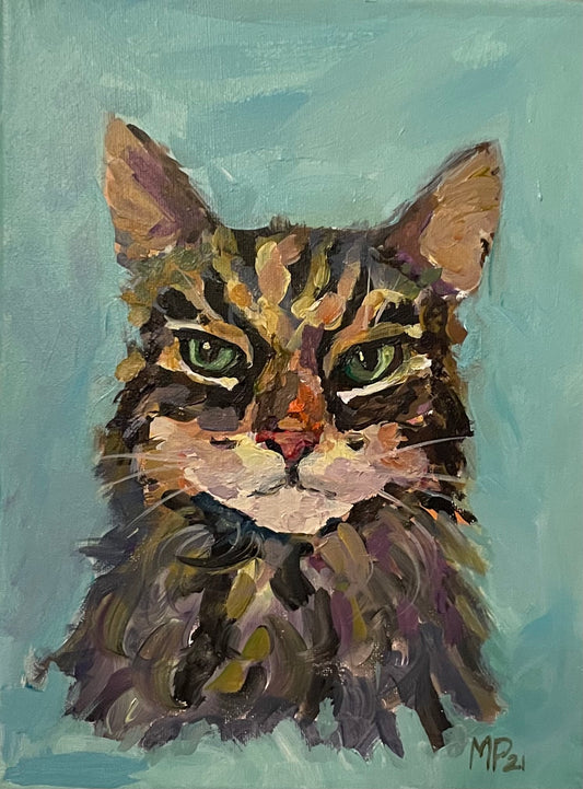 Custom pet portrait commission of Mr. Grumpy the cats by Worcestershire Artist Margaret powell against a green blue background.